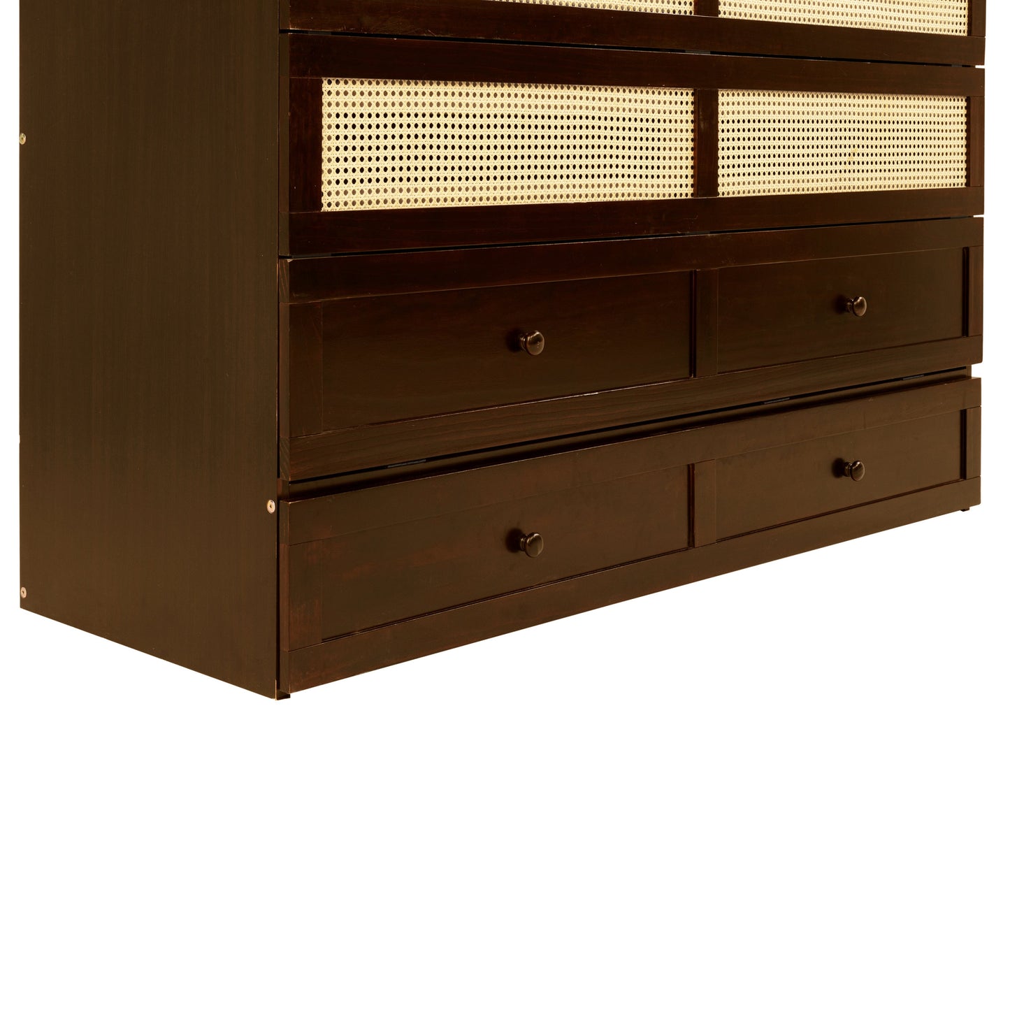 Queen Size Murphy Bed, Pine Wood Cabinet Bed with Rattan Decoration and Storage Drawer,Walnut