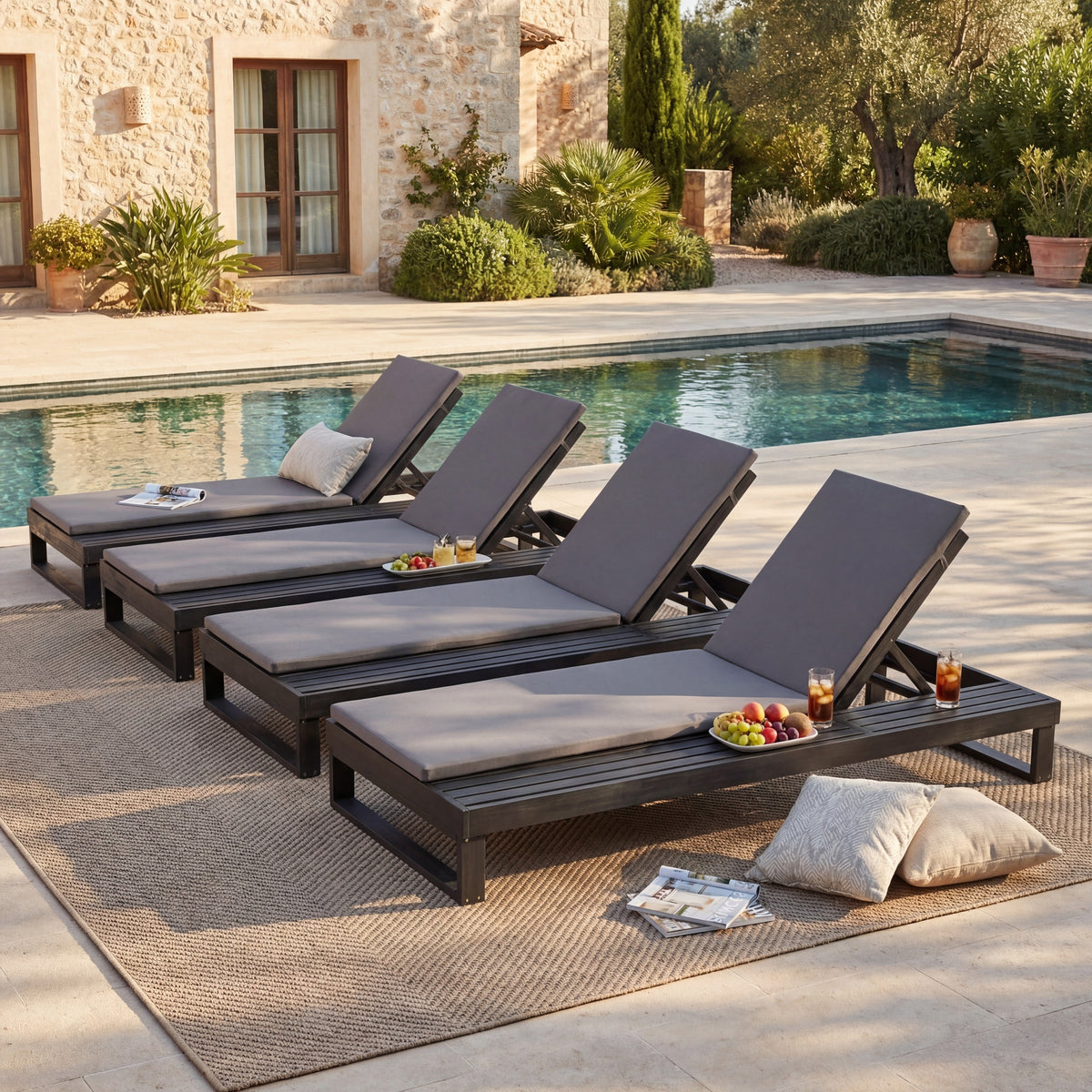 Black Acacia Wood Chaise Lounge with 1.57-Inch Cushion