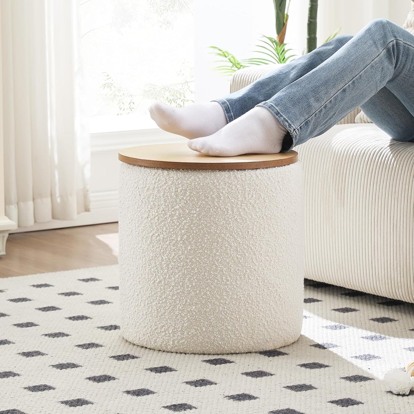 Circular Storage Ottoman Sixteen Inch White Boucle