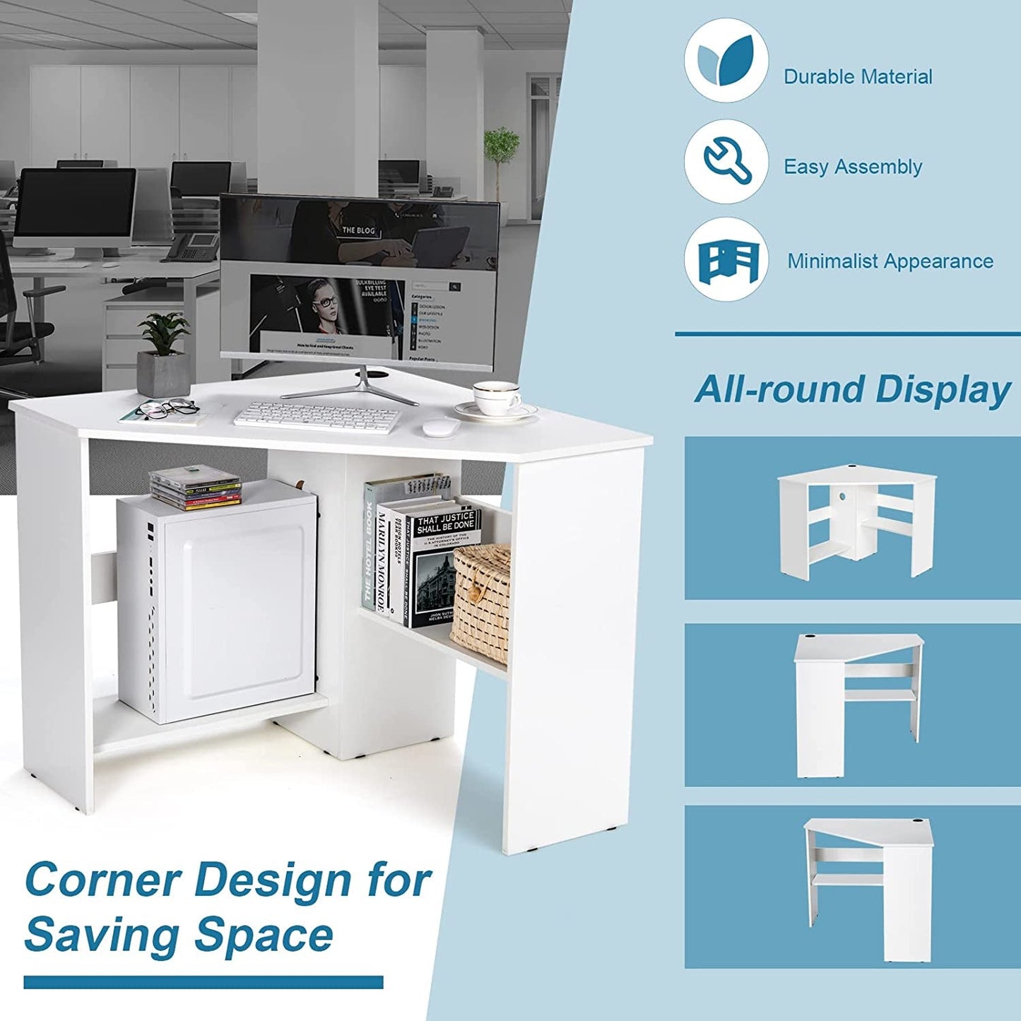 Compact White Corner Desk With Storage Shelves For Home Office