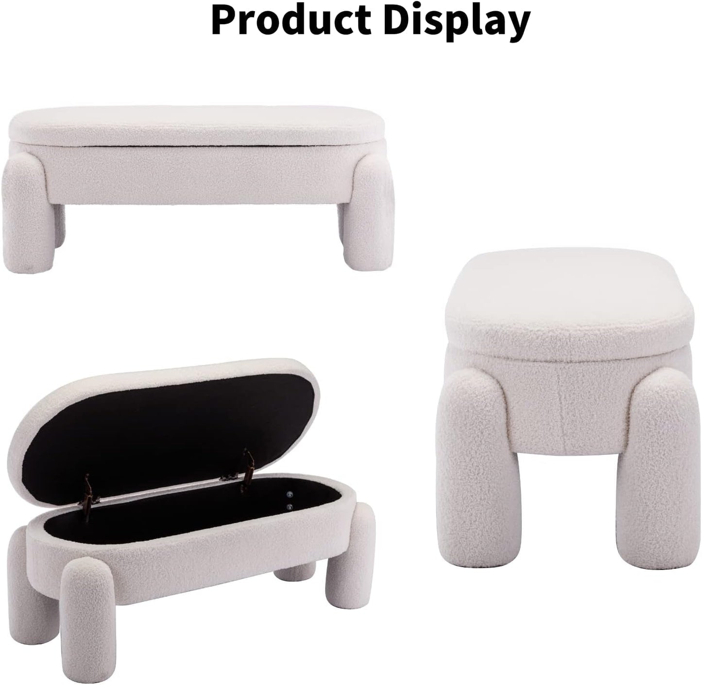 44.7-Inch White Boucle Upholstered Storage Ottoman Bench