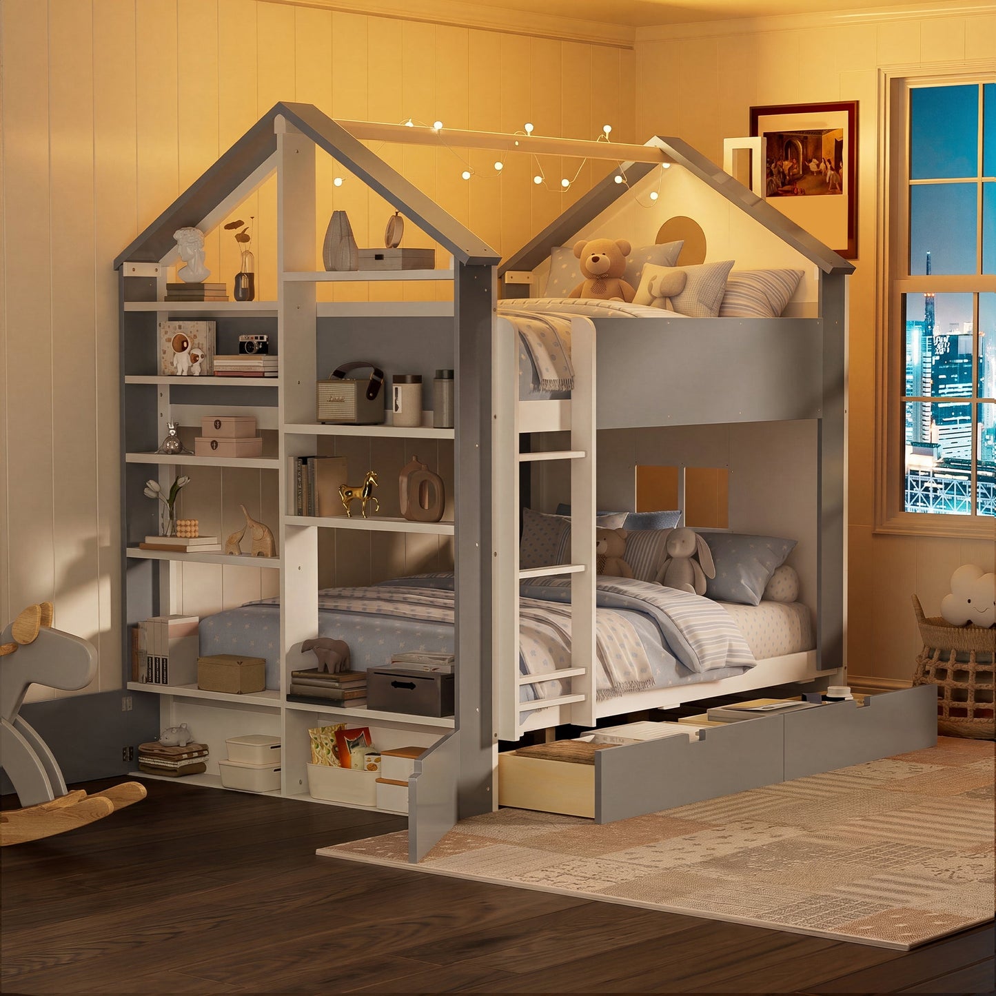 Full Size Bunk Bed with Storage Drawers & Shelves