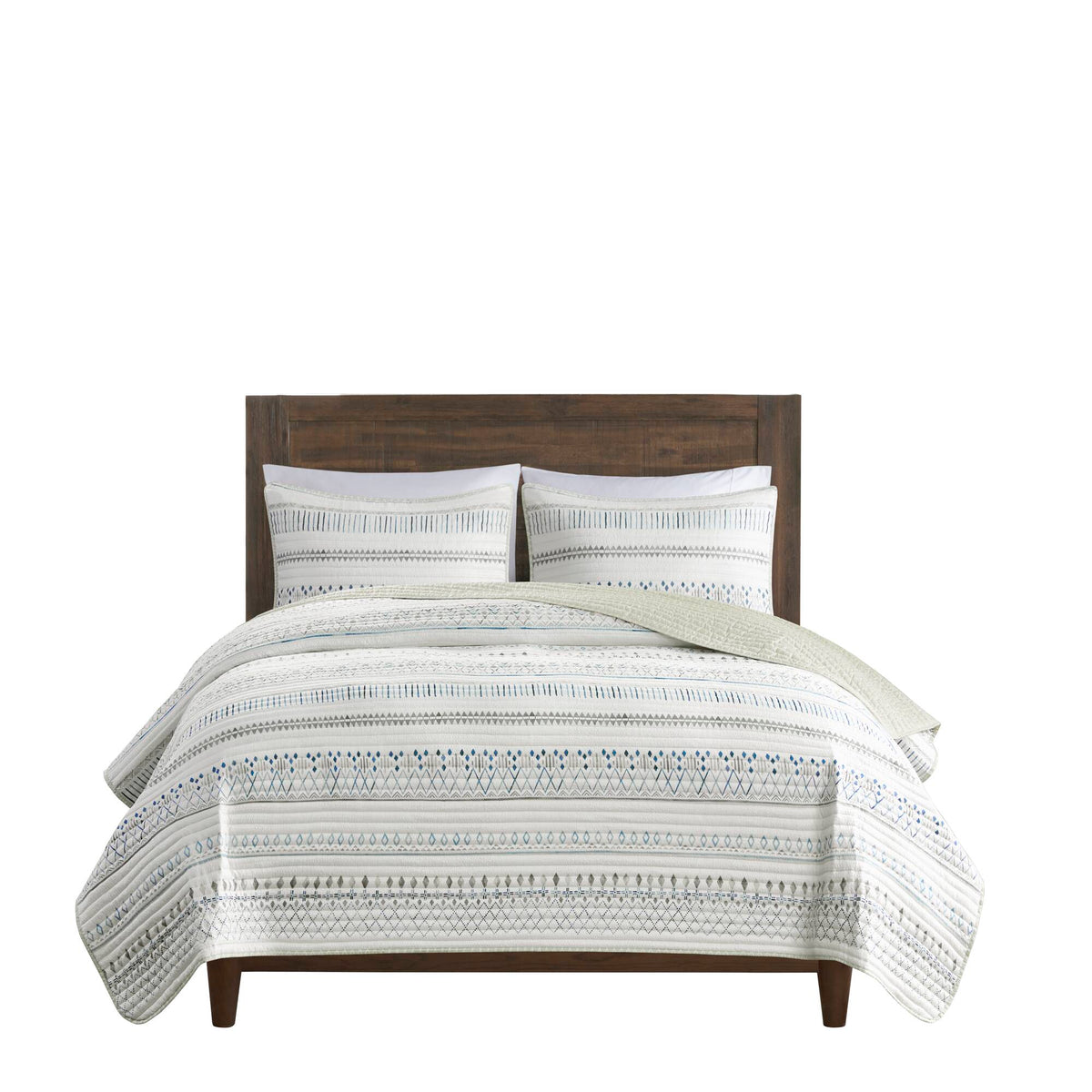 3 Piece Seersucker Quilt Set - Taupe/Blue King/California King