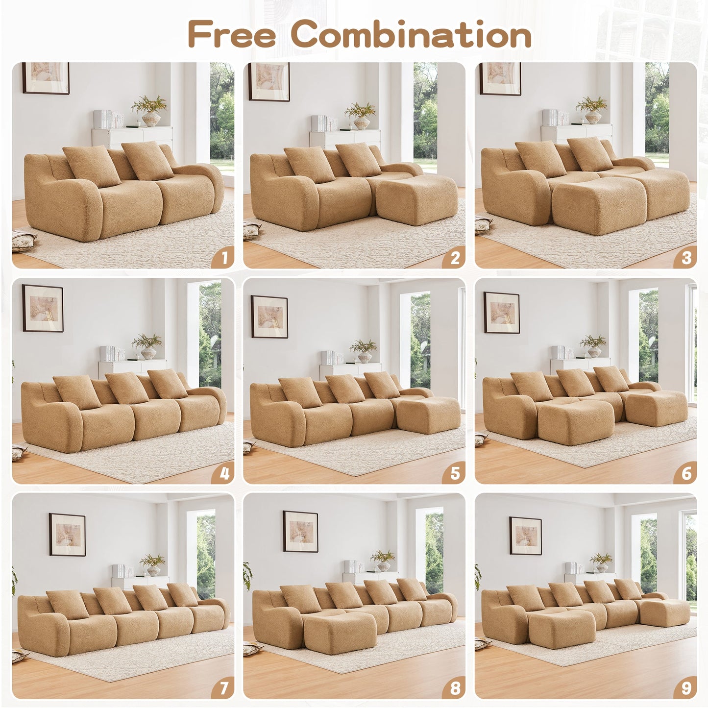 U-Shaped Boneless Sofa,Teddy Fabric No assembly required   Curved armrest,Anti-slip Design,Streamlined Design 32D High Density Sponge,Full Compression Vacuum Packag,For Studies living Rooms,Camel