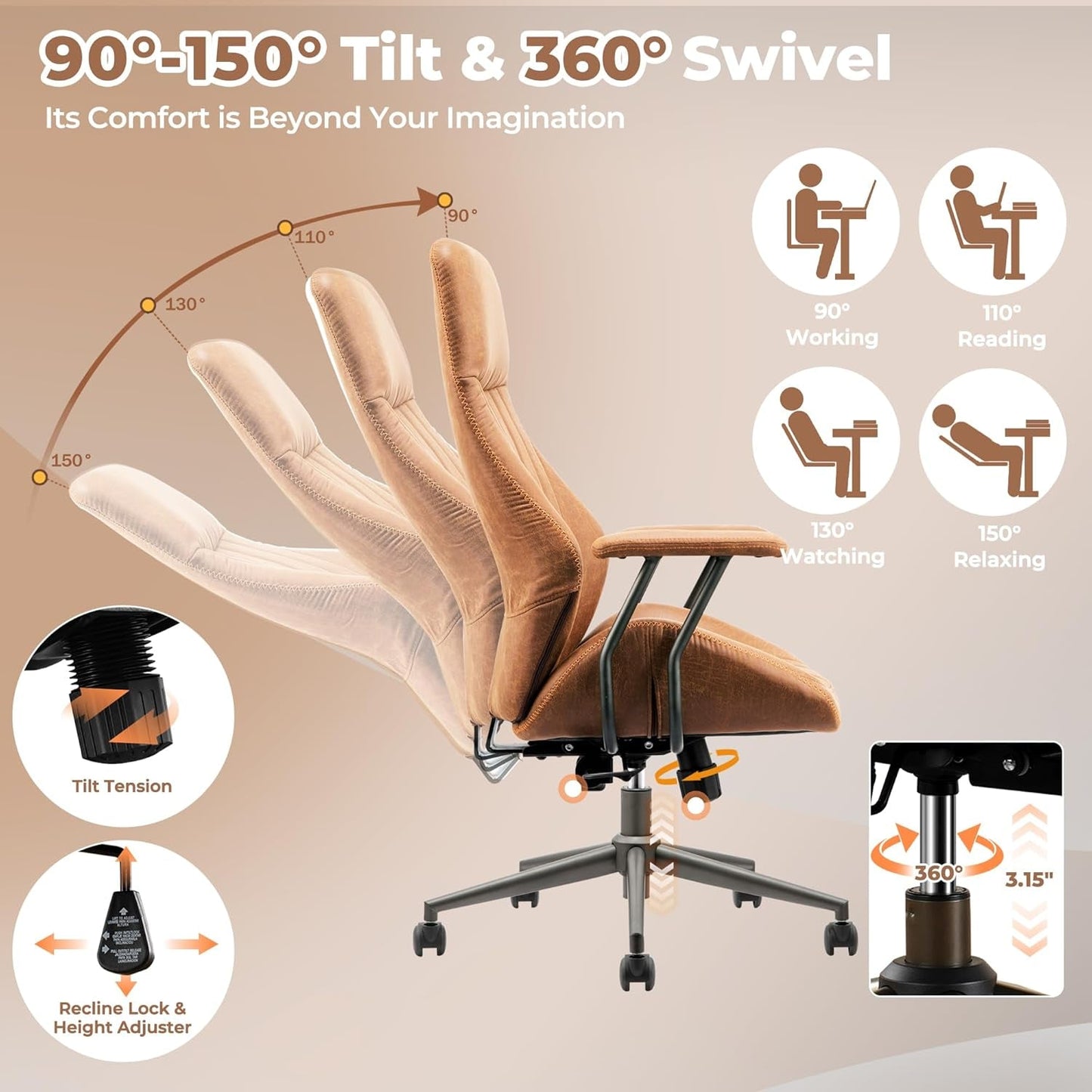 Ergonomic Mid Century Leather Office Chair With Lumbar