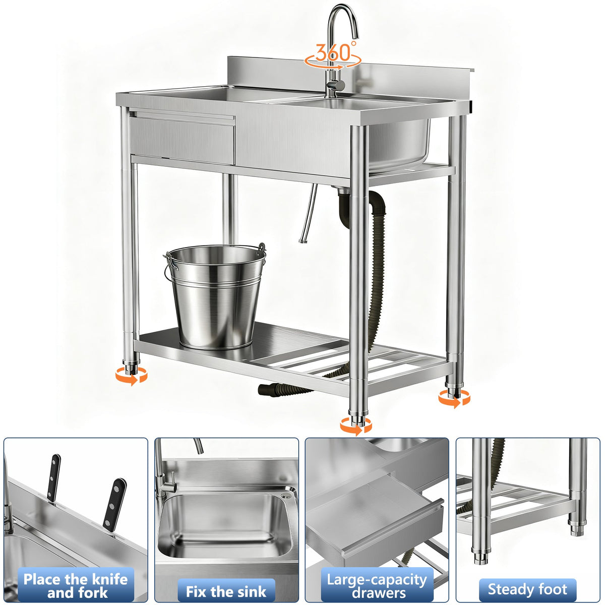 304 Stainless Steel Outdoor Utility Sink With Workbench & Storage Shelf
