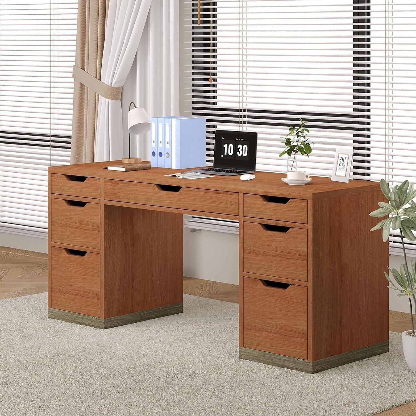 54 Inch Walnut Finish Executive Desk With Seven Drawers