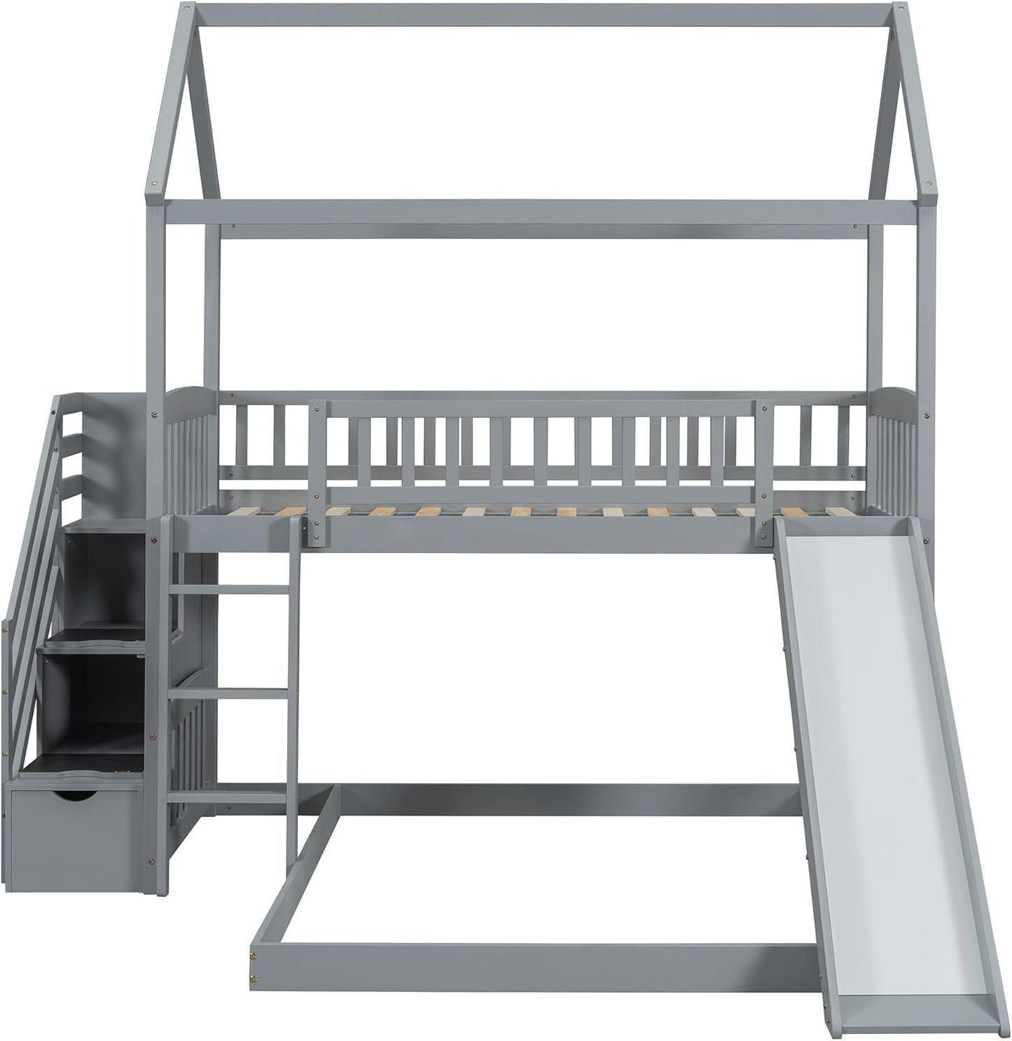 Gray Twin Loft Bunk Bed With Slide And Stairs Storage
