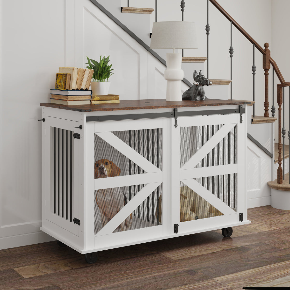 47.2" Mobile Dog Crate with Flip-Top Feeding Door