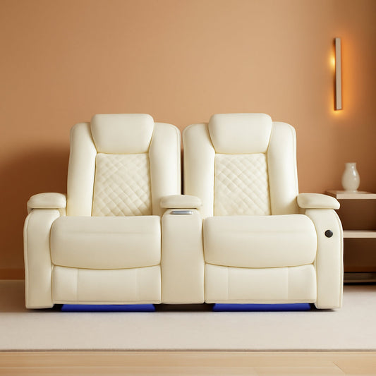 Living Room Set Leather Sofa Power Recliner Creamy White