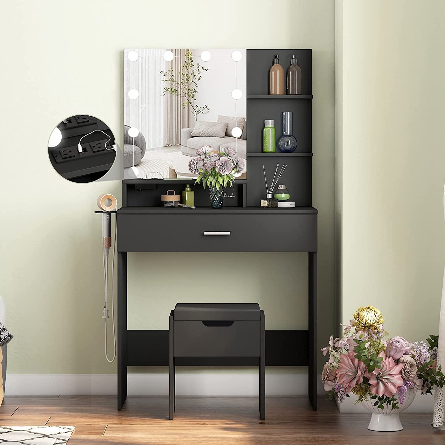 Black Makeup Vanity Table With Lighted Mirror And USB Ports featuring shelves and elegant design.