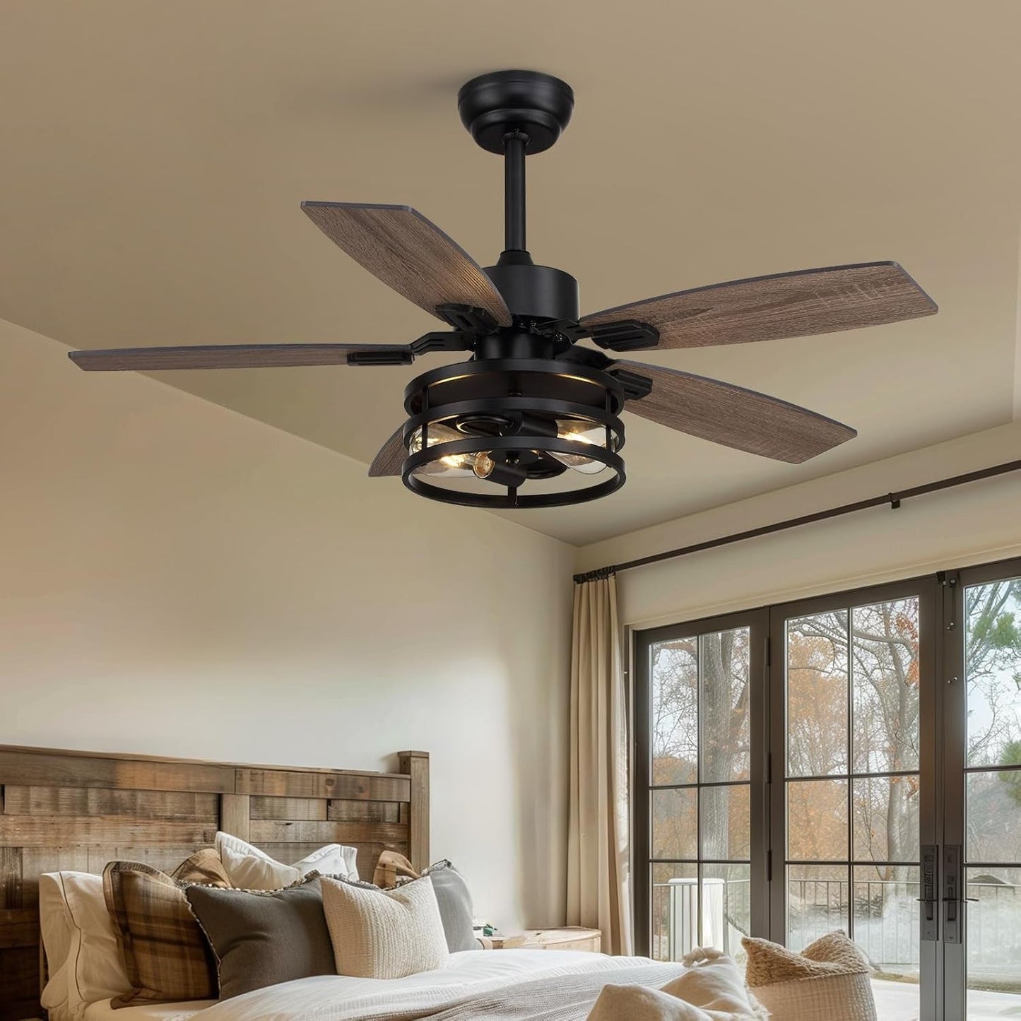 42 Inch Caged Ceiling Fan With Remote Control For Indoor And Outdoor in a stylish bedroom setting.