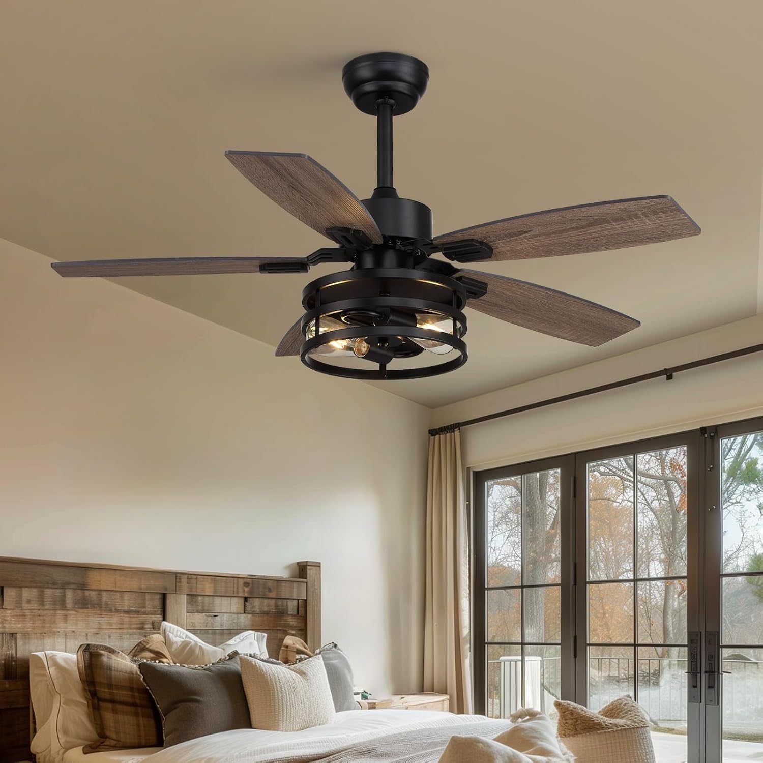 42 Inch Caged Ceiling Fan With Remote Control For Indoor And Outdoor in a stylish bedroom setting.