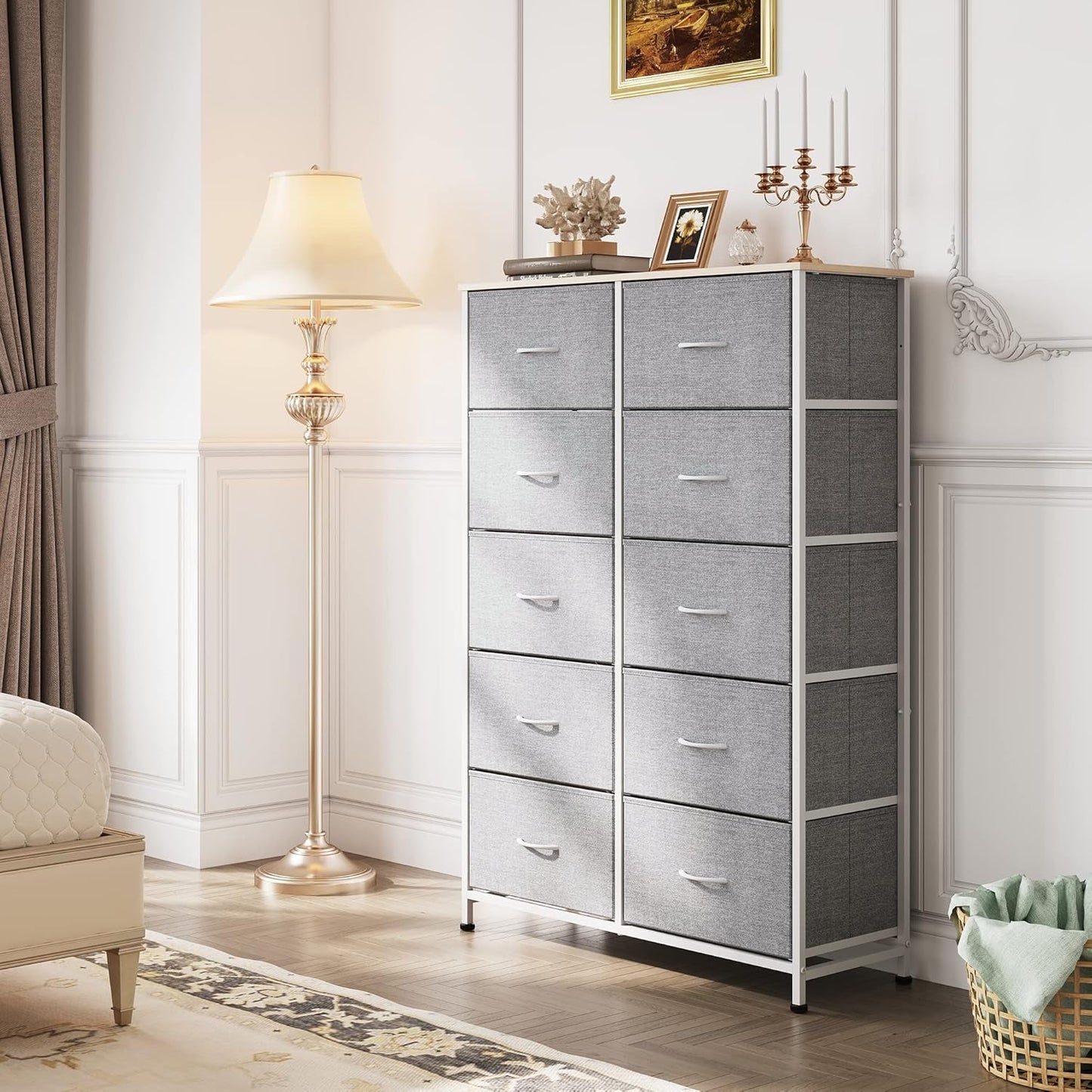 Light Grey Tall Dresser With 10 Drawers For Bedroom Storage