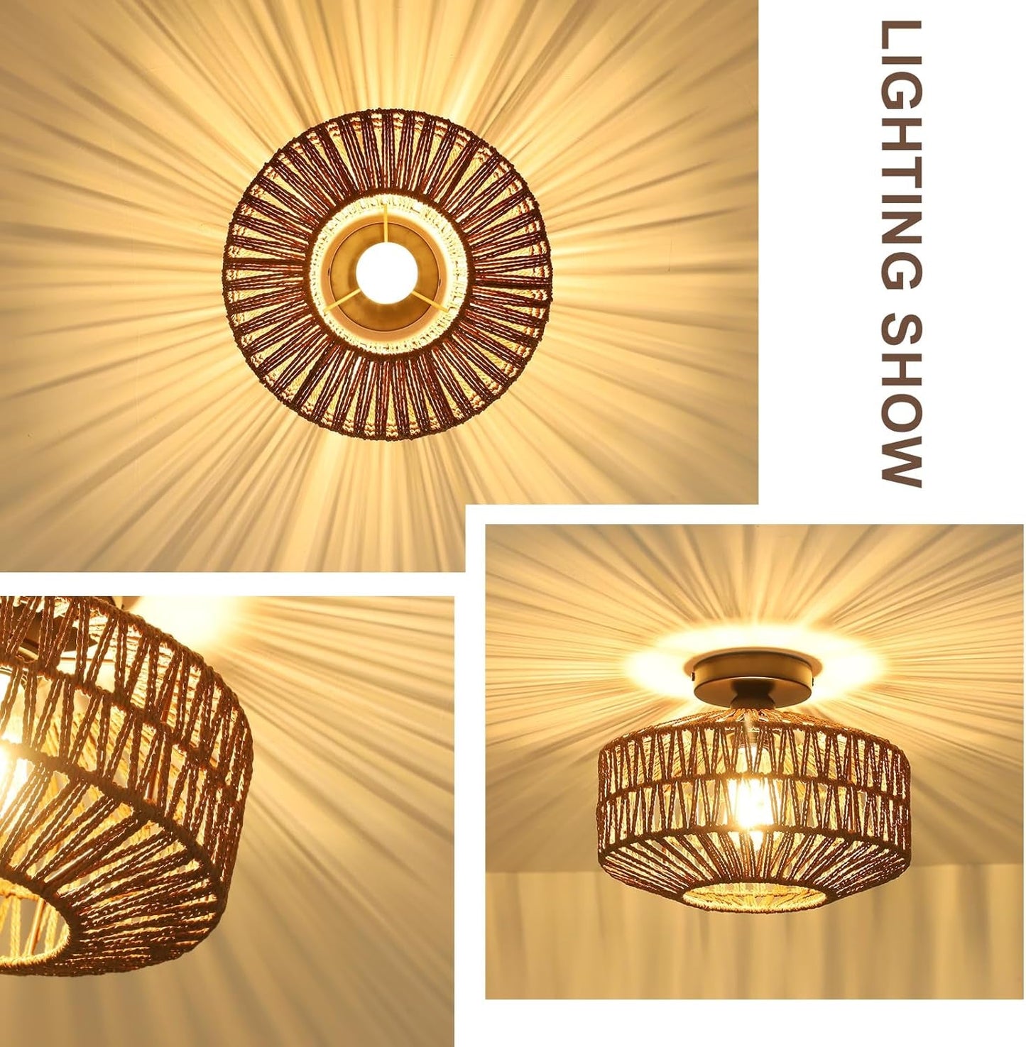 Dark Brown Hand Woven Rattan Ceiling Light With Dimmable LED showcasing warm light patterns and unique design.