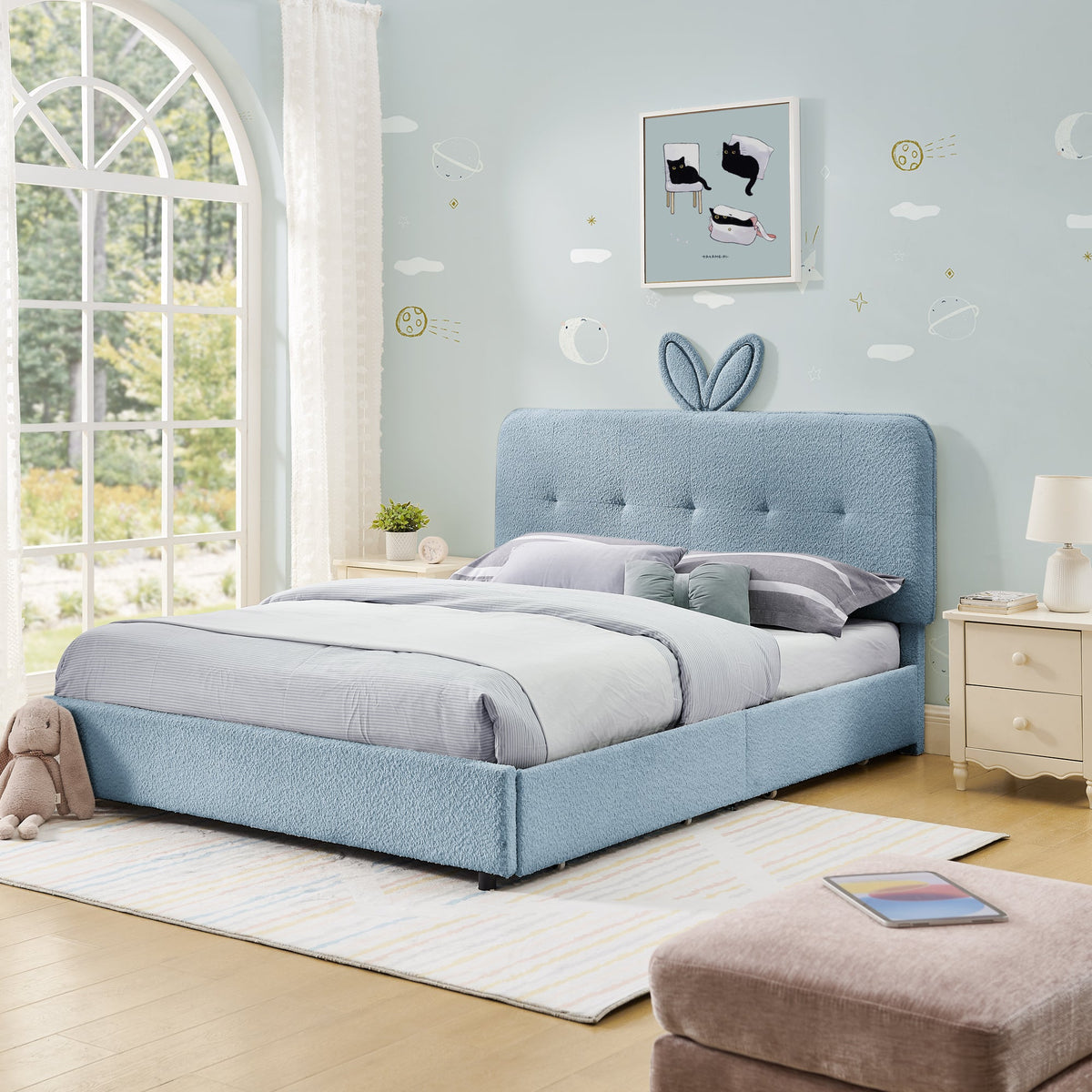 Full Size Kids Upholstered Bed with Oversized Rabbit Ear Headboard