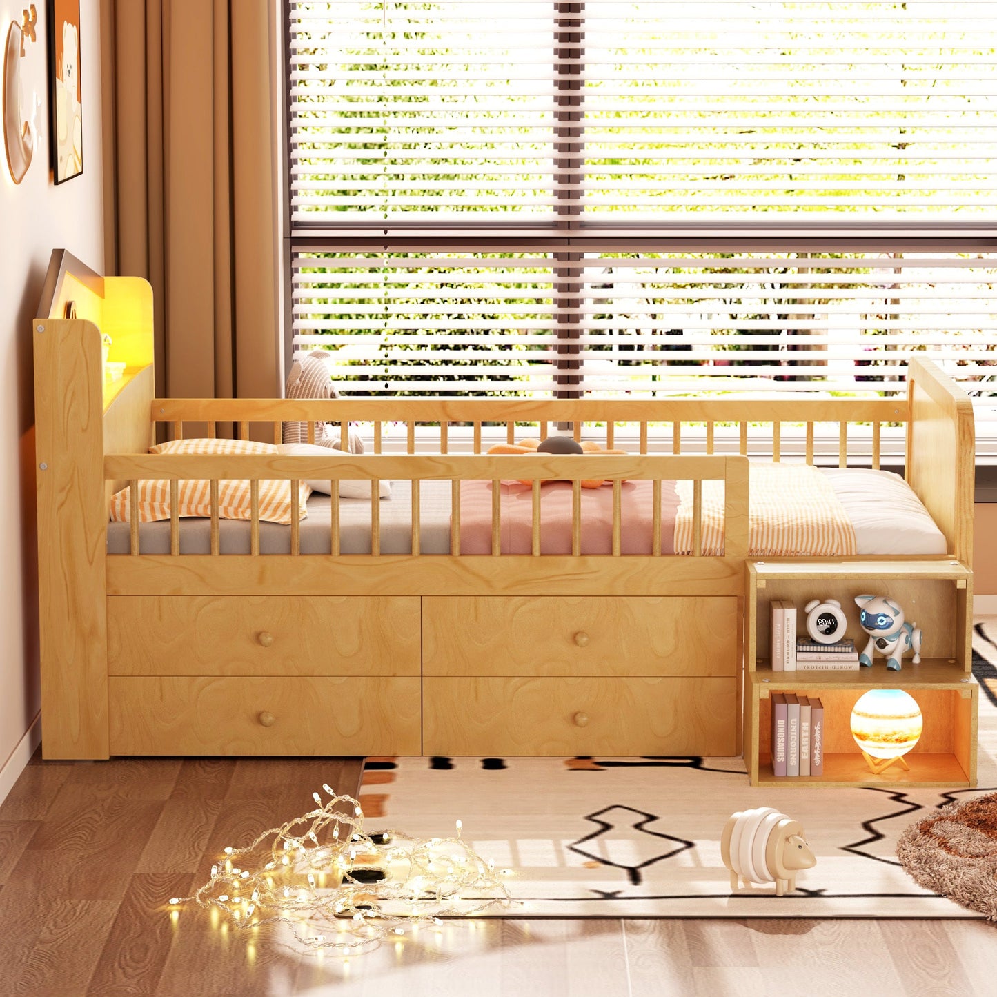 Low Loft Bed with LED Lights, Wooden Twin Loft Bed with House Shape Headboard, Kids Loft Bed with Storage Drawers, Natural (Expect Arrival Date 2025/1/20)