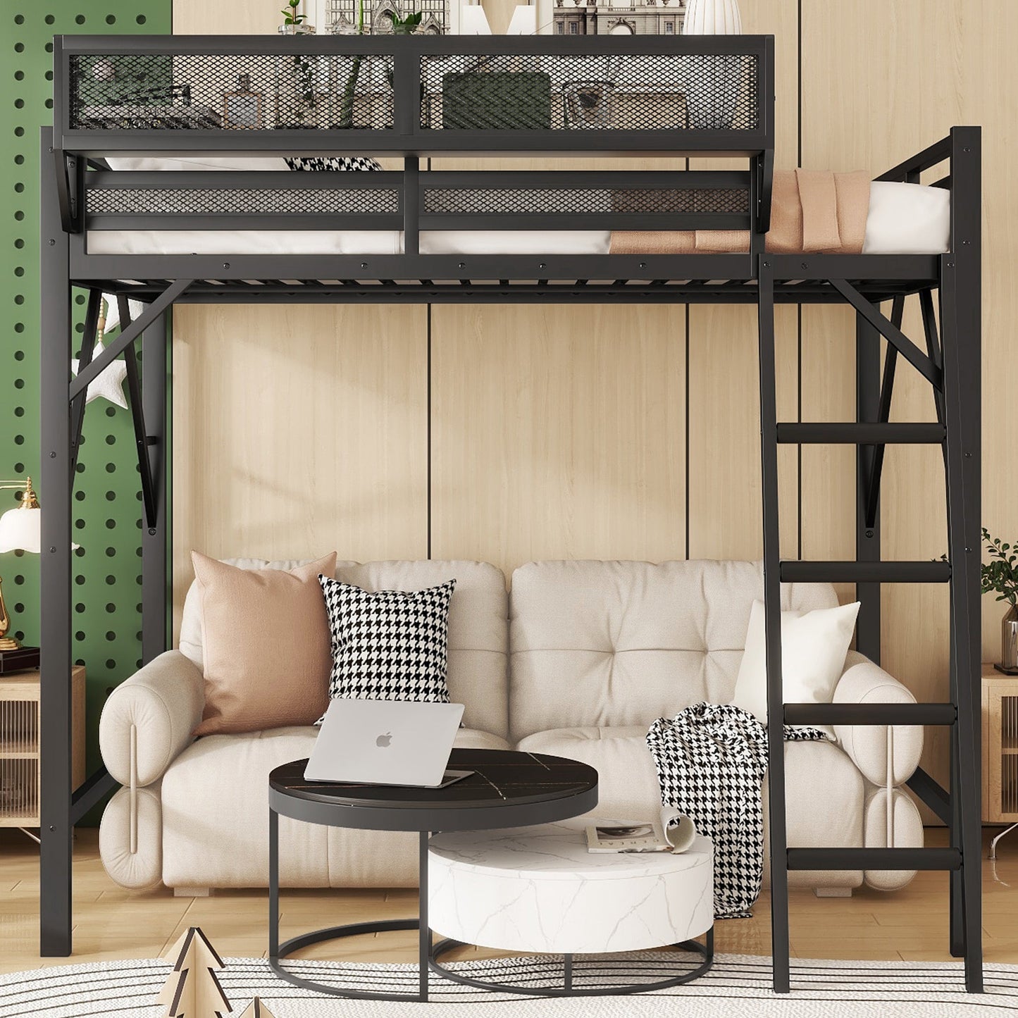 Queen Size Loft Bed with Ladder, Metal Queen Loft Bed with Storage Shelves, High Loft Bed for Kids Teens, Black(Expect Arrival Date 2025/12/3, Old SKU W2580P353530)