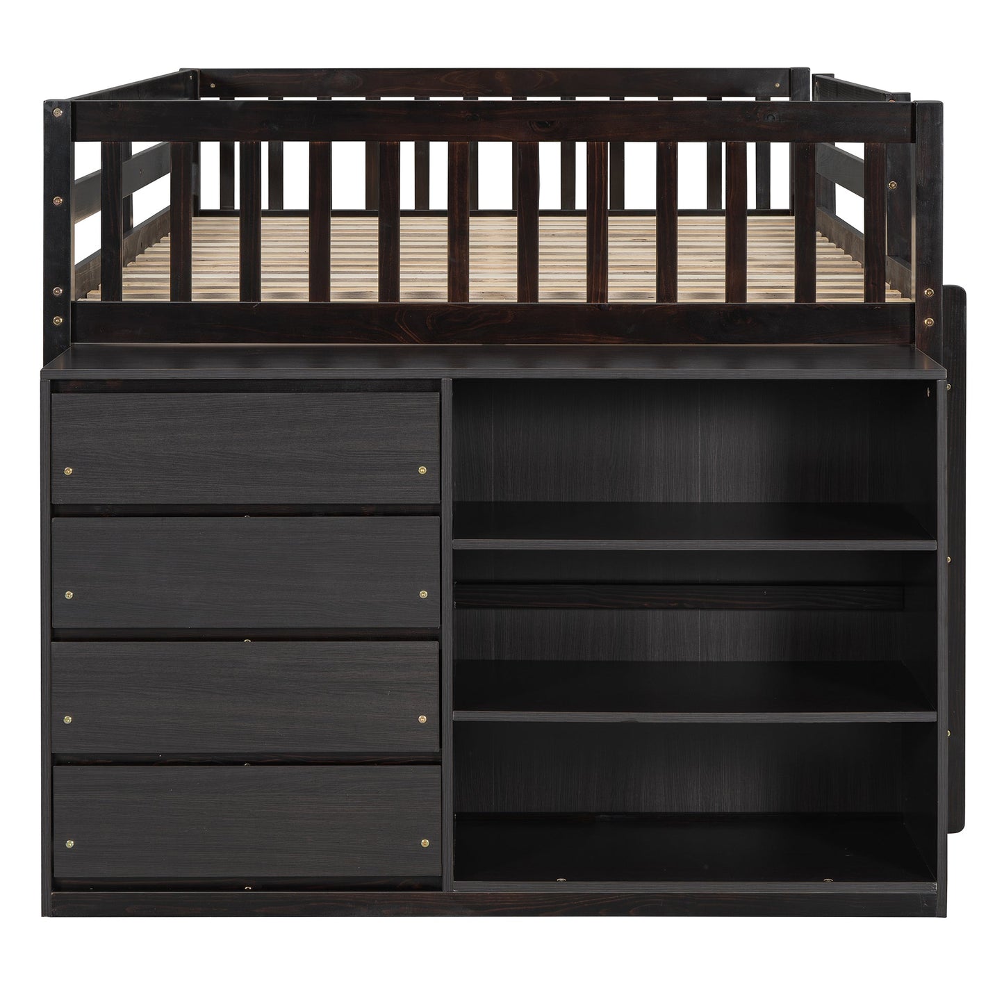 Full Over Full Bunk Bed with 4 Drawers and 3 Shelves - Espresso