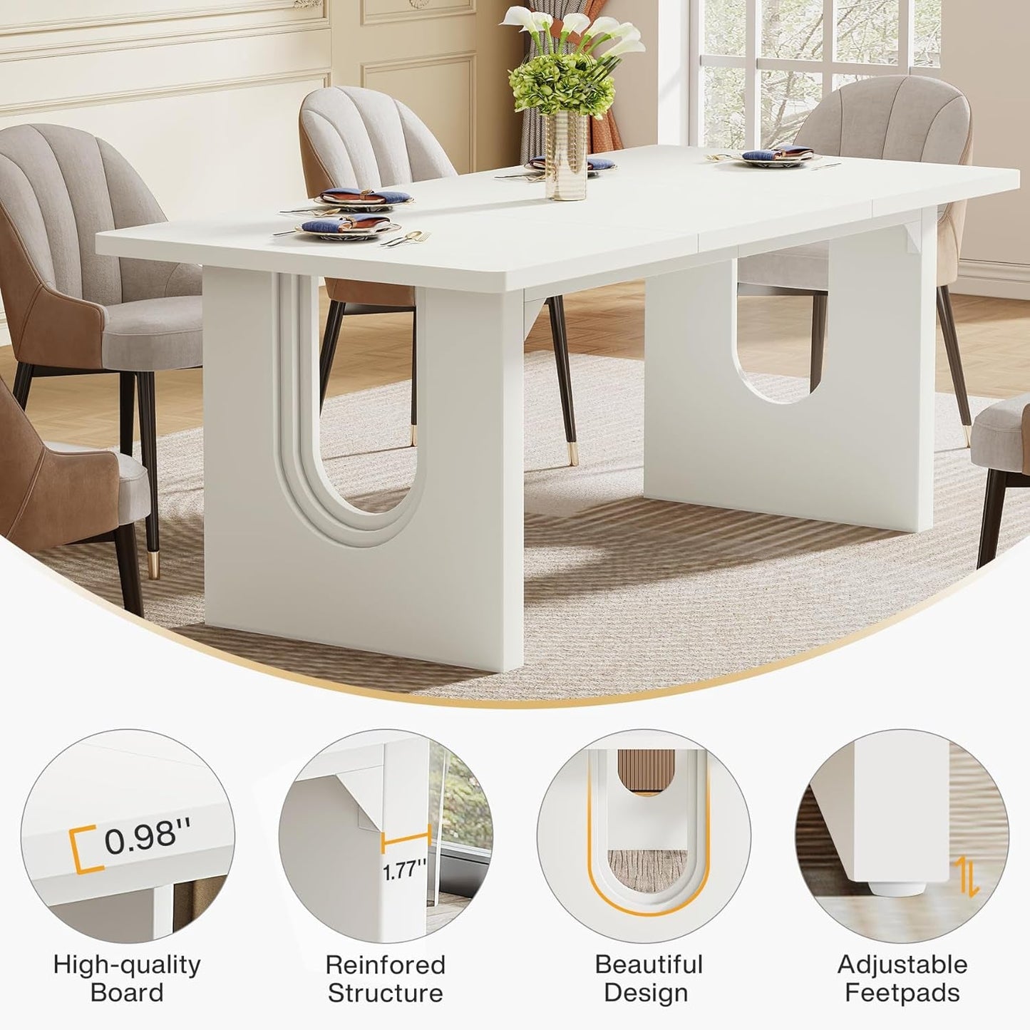Modern White Dining Table 71 Inch With Wood Pedestal Base