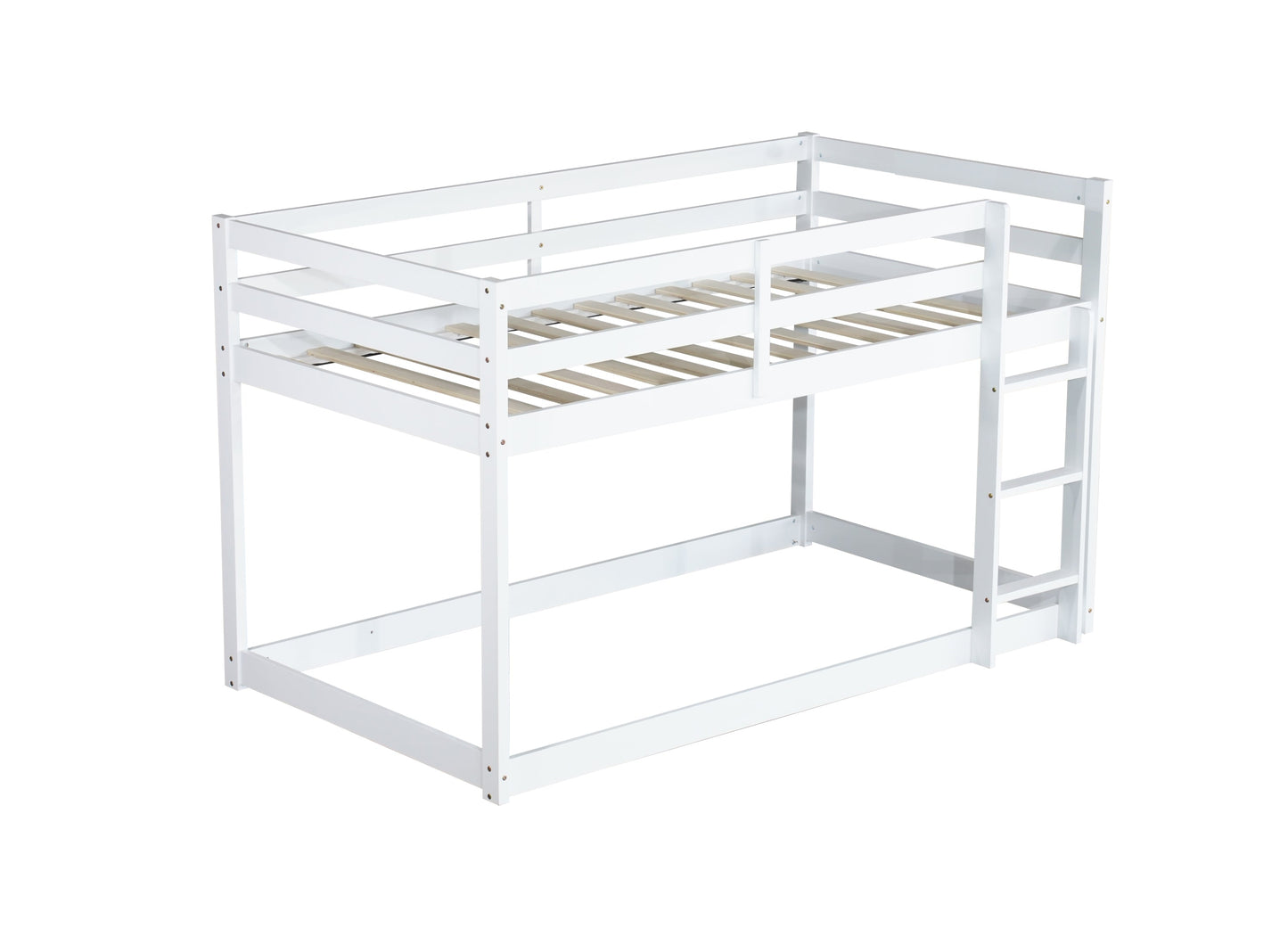 Solid Wooden, Solid Rubber Wooden Twin over Twin Floor Bunk Bed with Ladder, with Bed Platform of Strengthened Slats,White