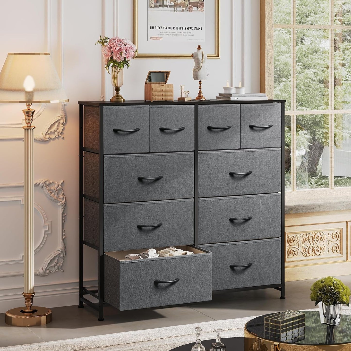 Dark Grey Fabric Dresser With 10 Drawers For Bedroom