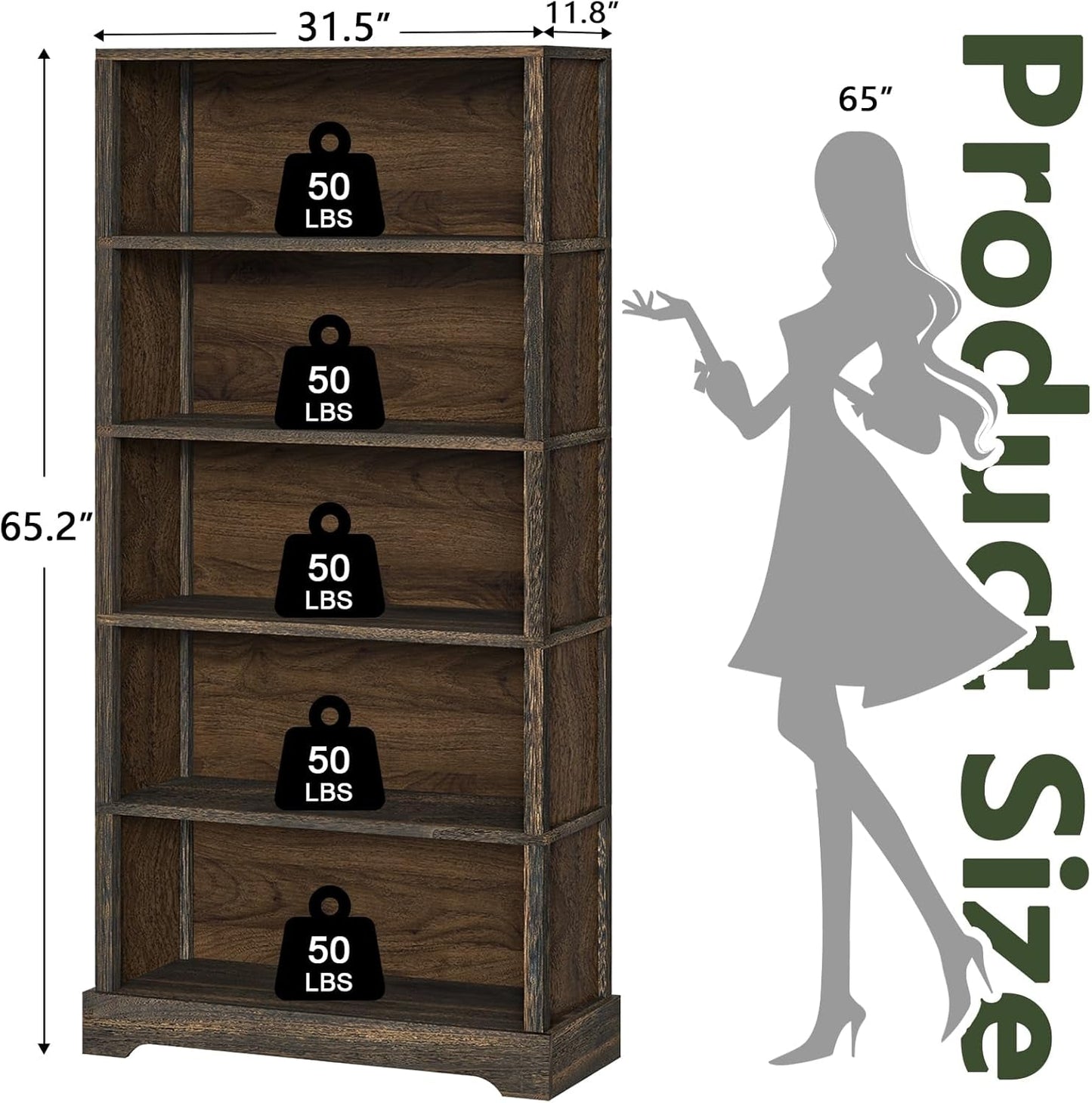 65 Inch Solid Hardwood Bookshelf With Five Tier Open