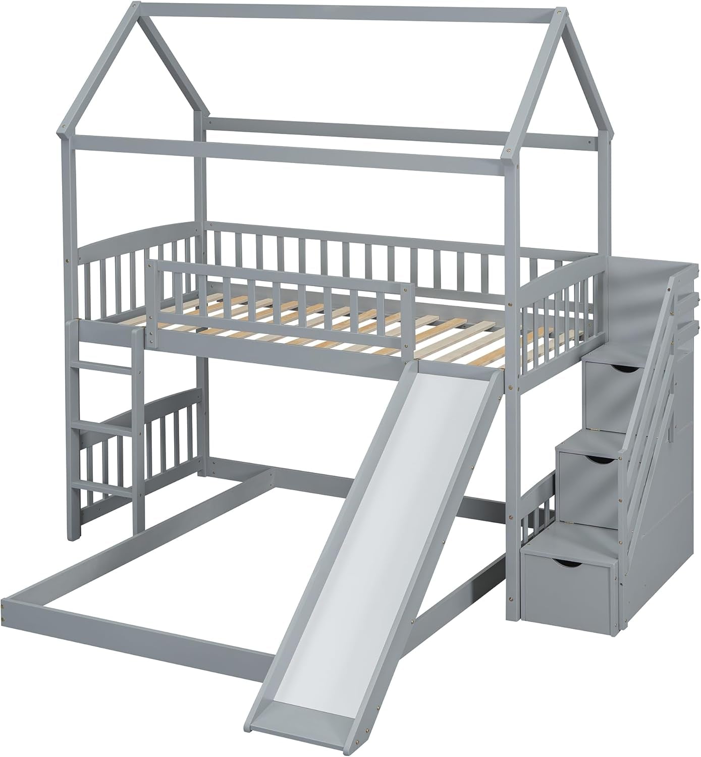 Gray Twin Loft Bunk Bed With Slide And Stairs Storage