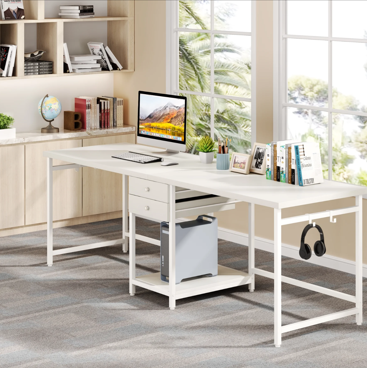 79-Inch Two Person Computer Desk with Drawers and Storage Shelves