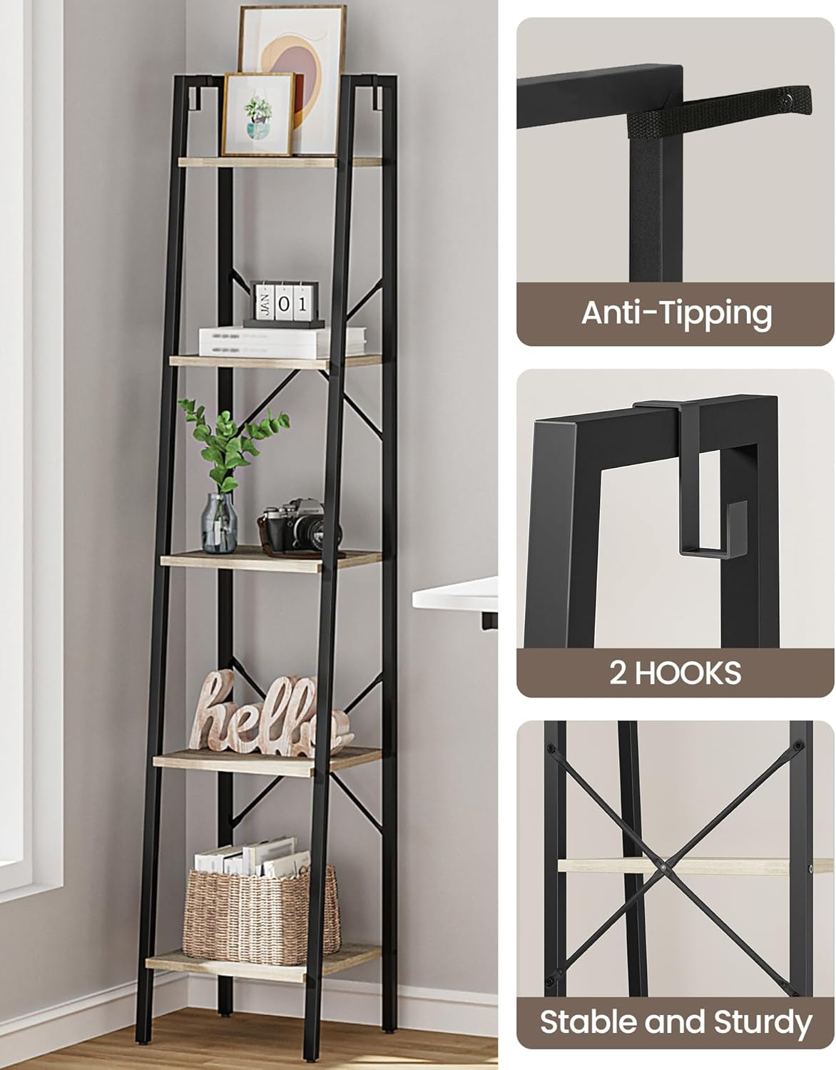 Greige 5 Tier Ladder Shelf Bookcase Freestanding Corner
