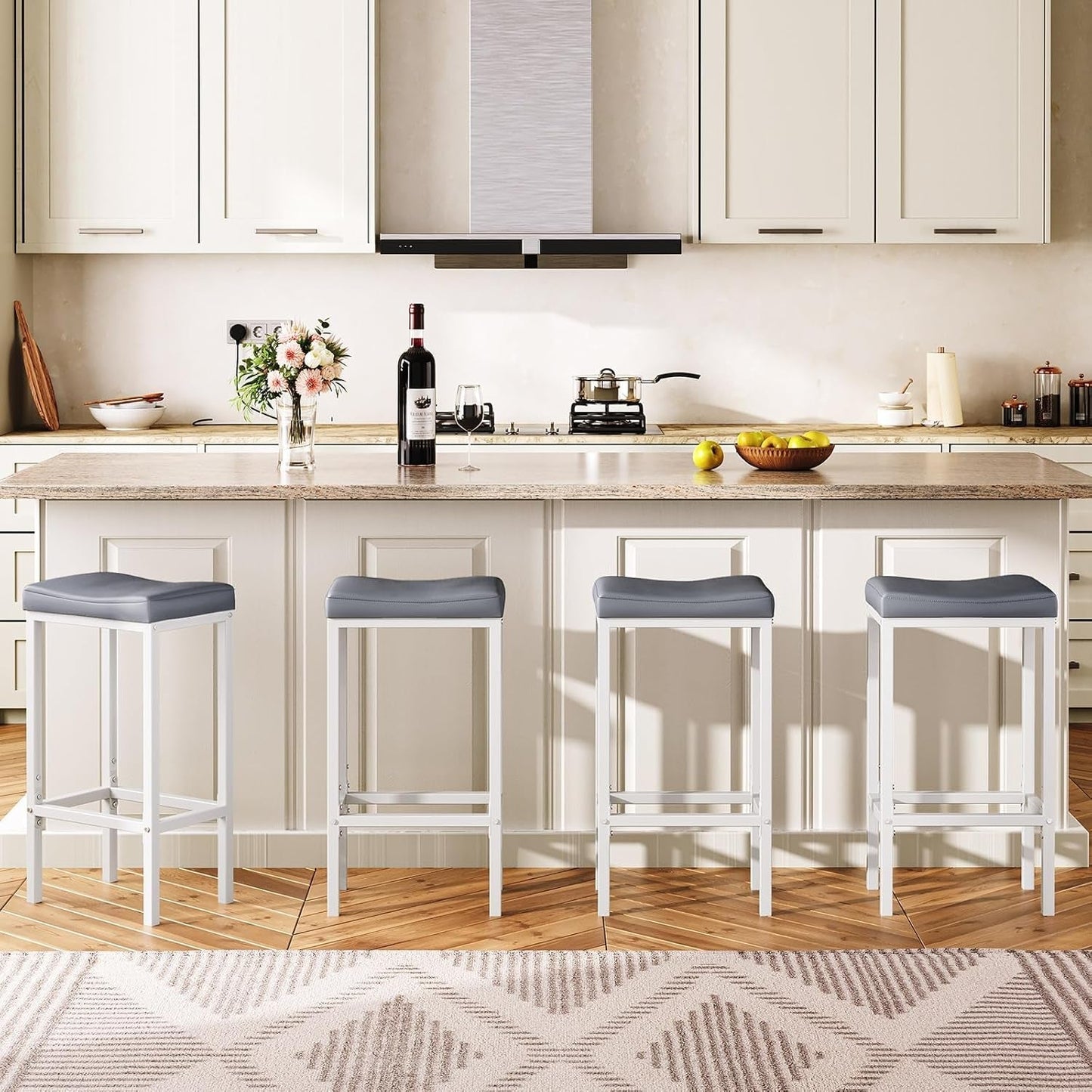 Saddle Bar Stools Set of 2, 24.8 Inches, White and Gray