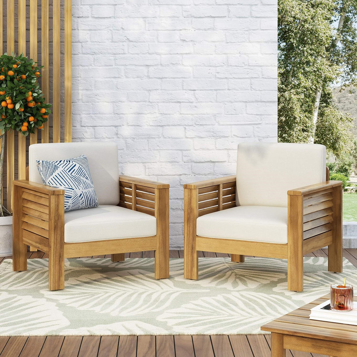 Set of 2 Outdoor Acacia Wood Club Chairs with Cushions
