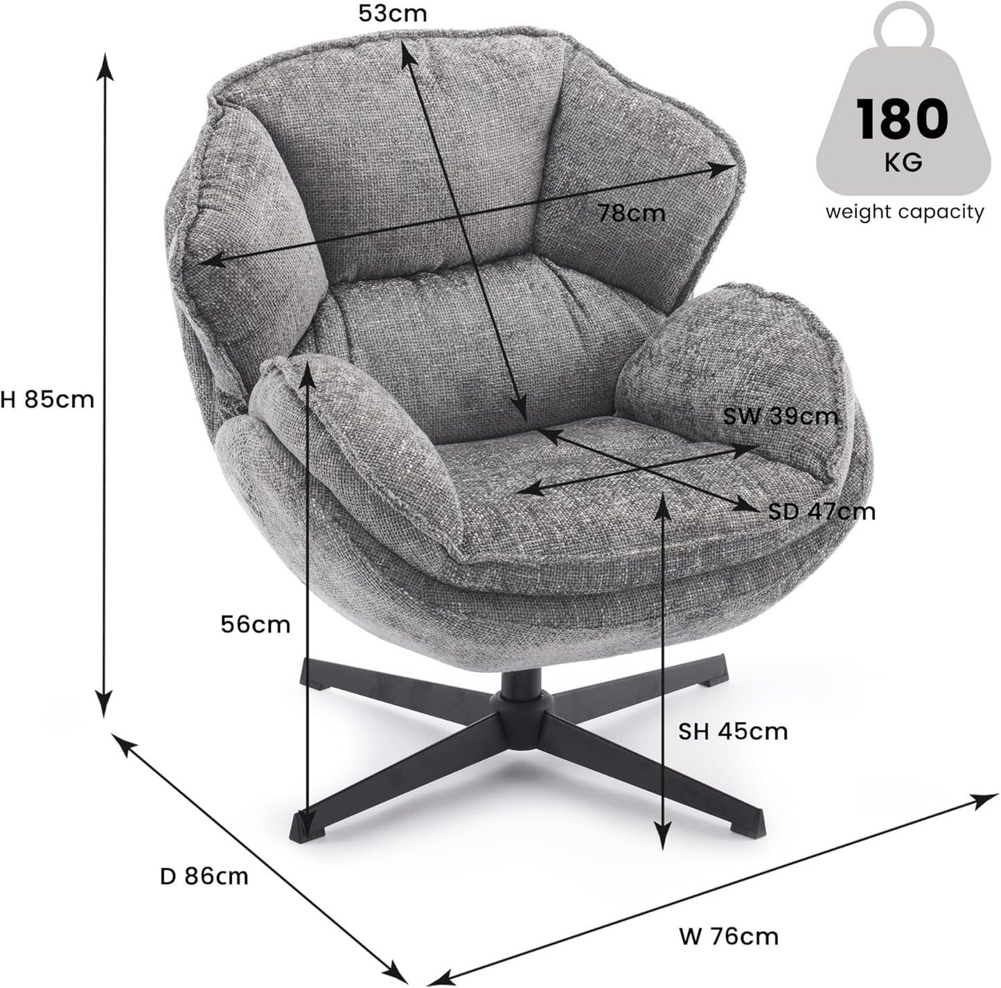 Gray Swivel Upholstered Accent Chair With Metal Legs
