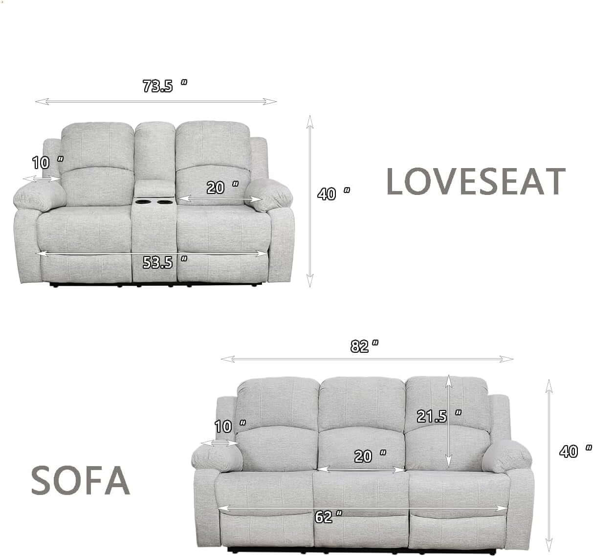 Grey Microfiber Reclining Sofa And Loveseat Set For Living Room dimensions diagram showing sofa and loveseat sizes.