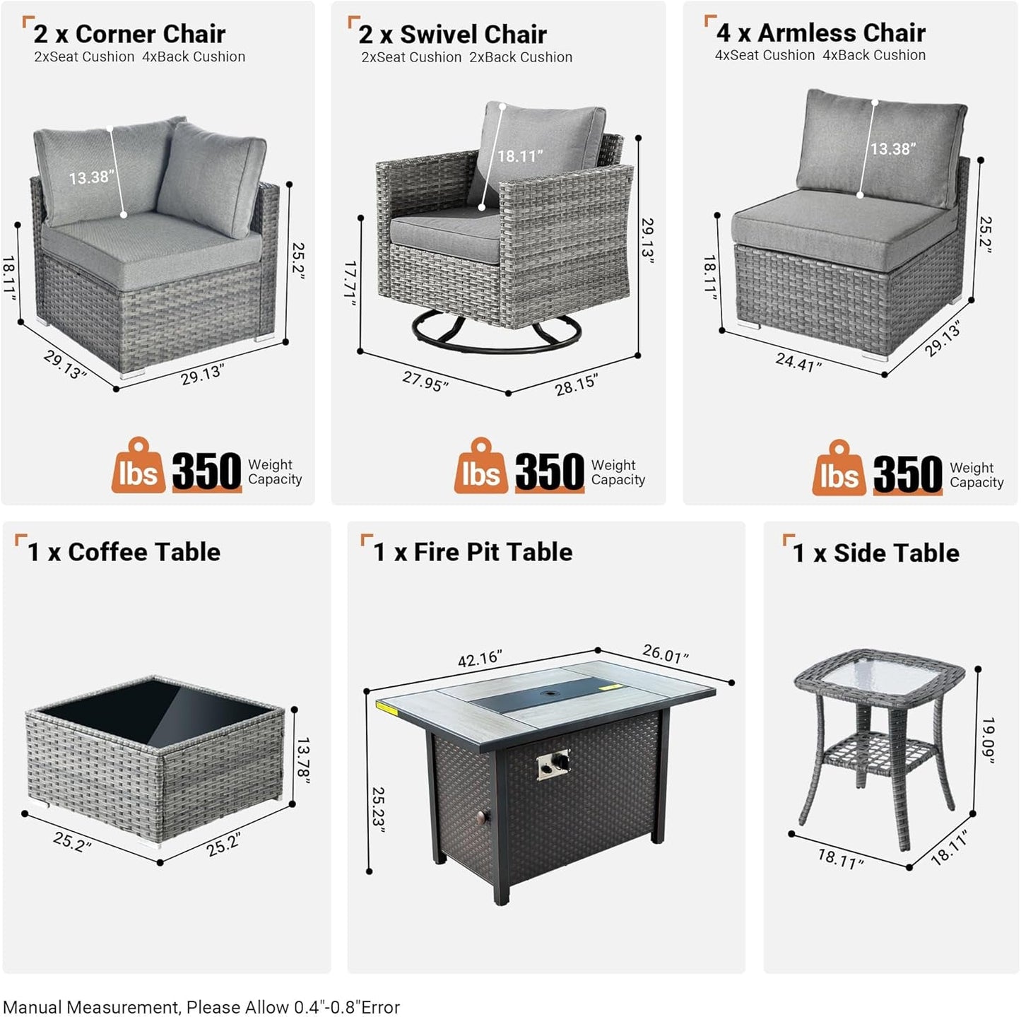 11 Piece Outdoor Patio Furniture Set With Fire Pit Table Dark Grey Wicker Sectional And Swivel Chairs