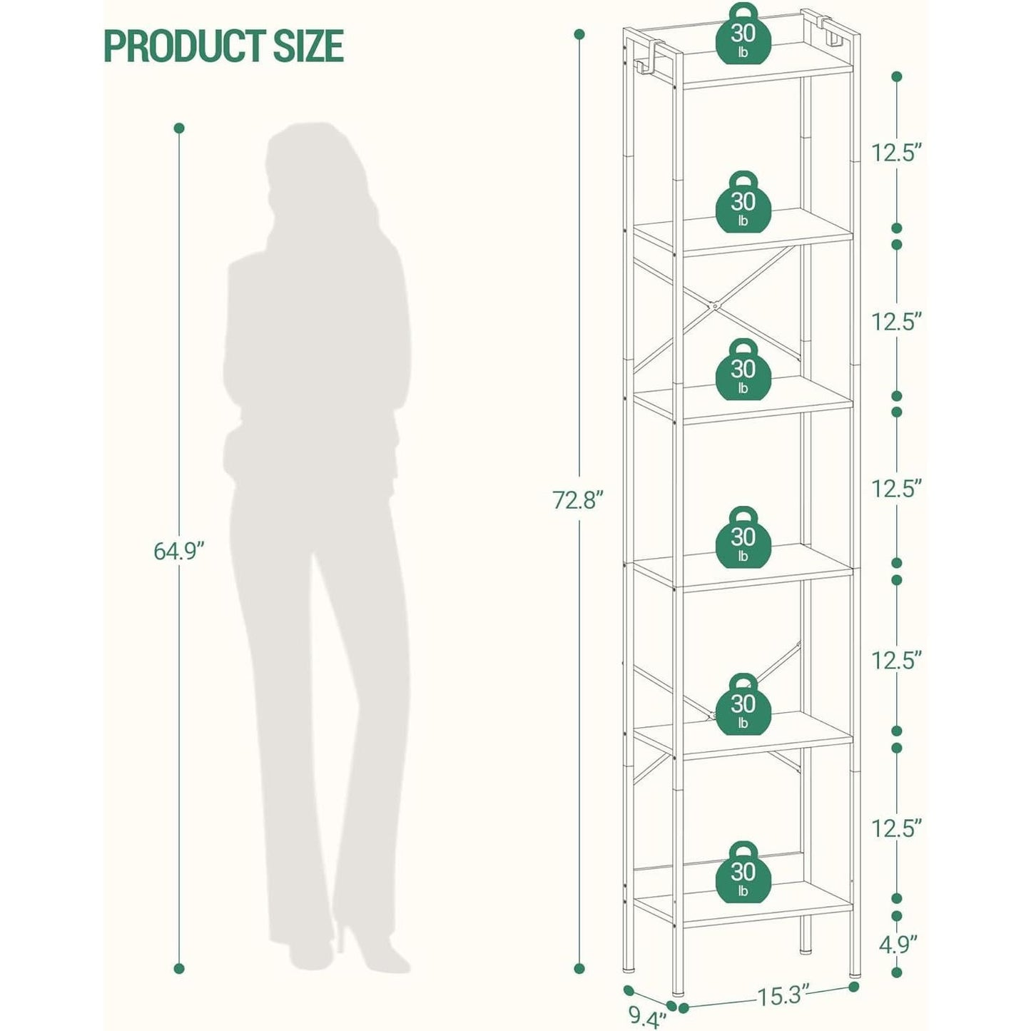 Greige Six Tier Narrow Bookshelf With Two Hooks Industrial