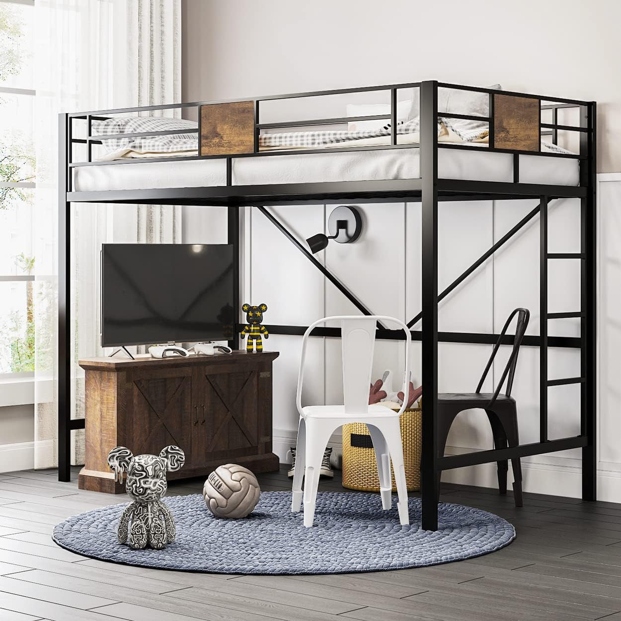 Twin Loft Bed With Ladder And Guard Rail In Rustic Style