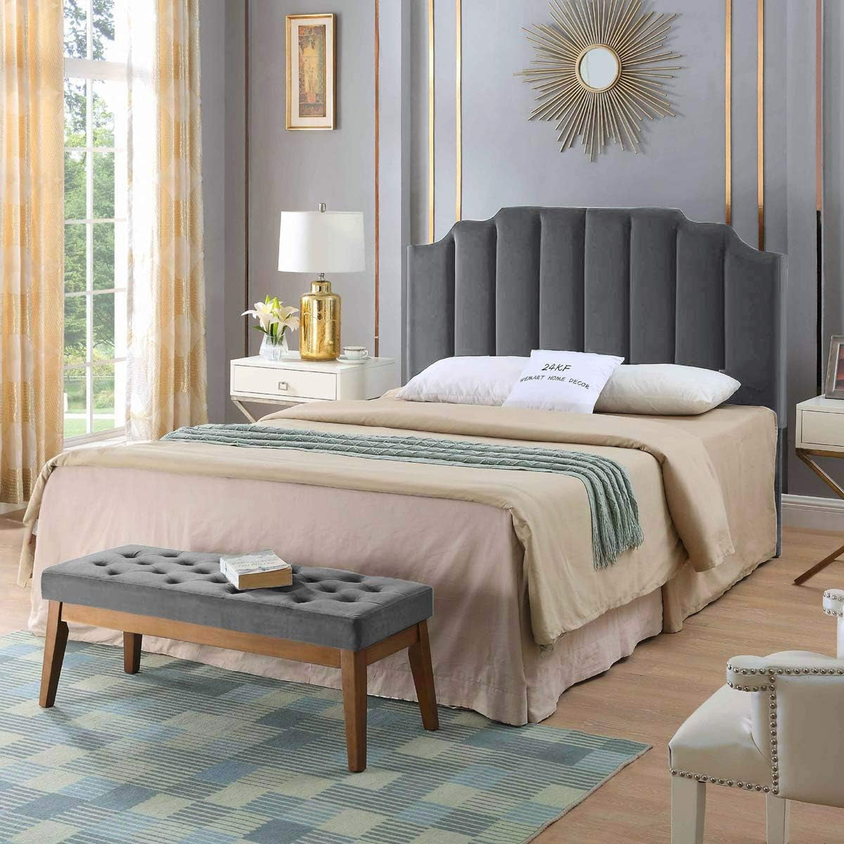 Dark Gray Velvet Tufted Queen Headboard with Curved Design