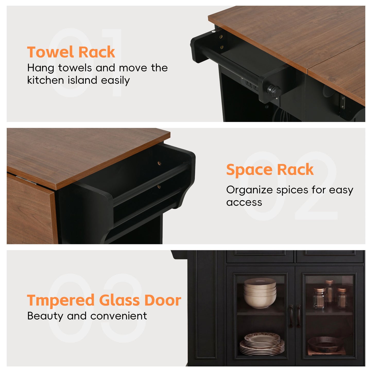 54" Mobile Kitchen Island with Glass Door Storage
