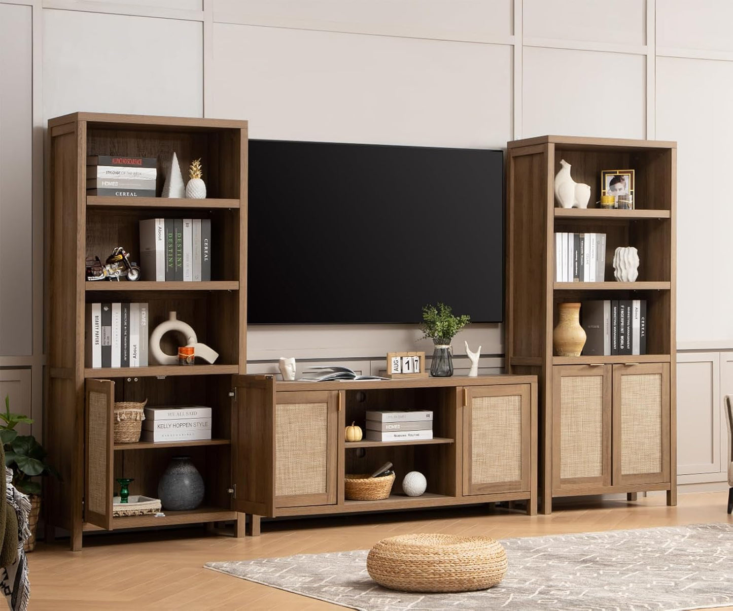 Boho Rattan TV Stand With Adjustable Shelves 59 Inch Oak