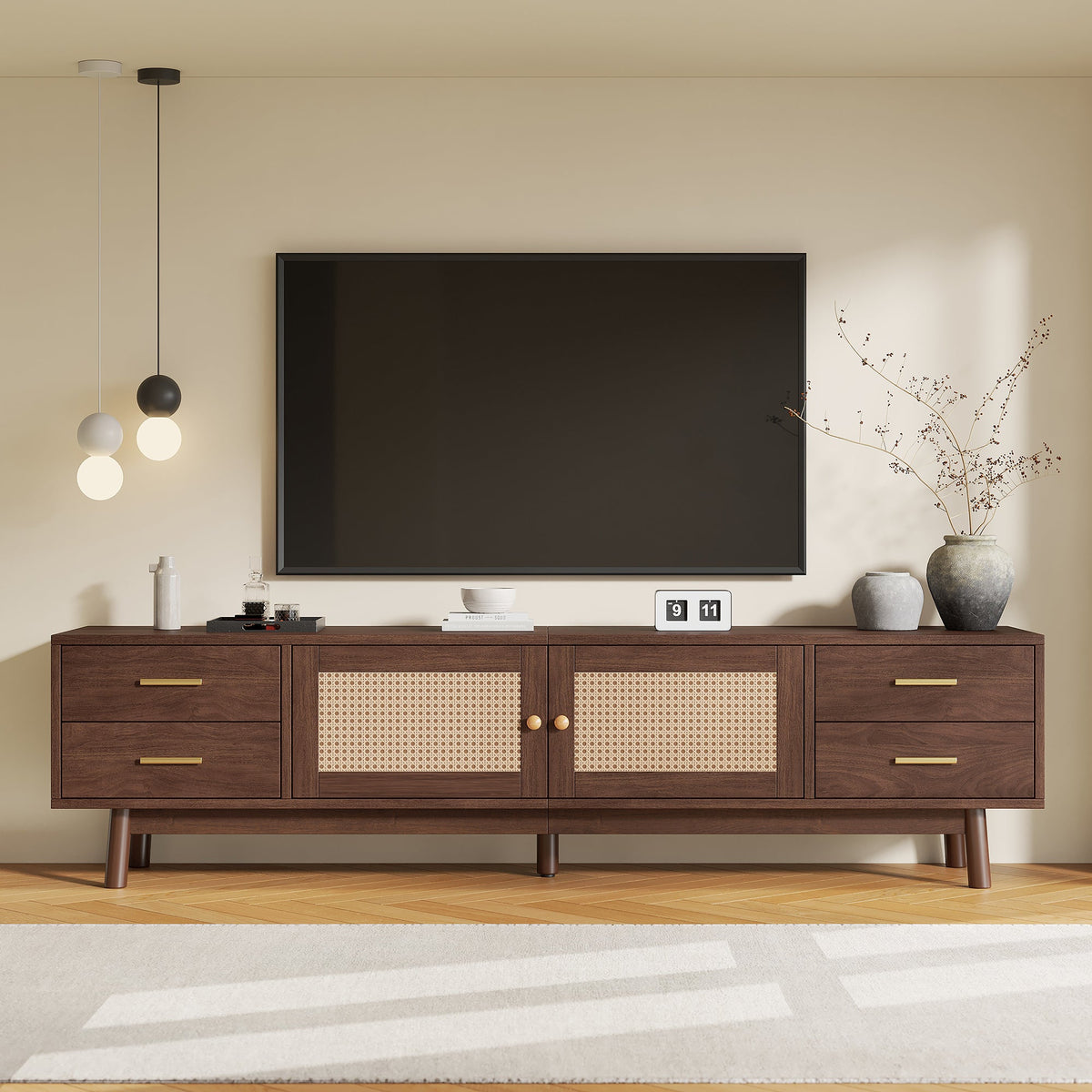 70-Inch Modern TV Stand with Rattan Doors