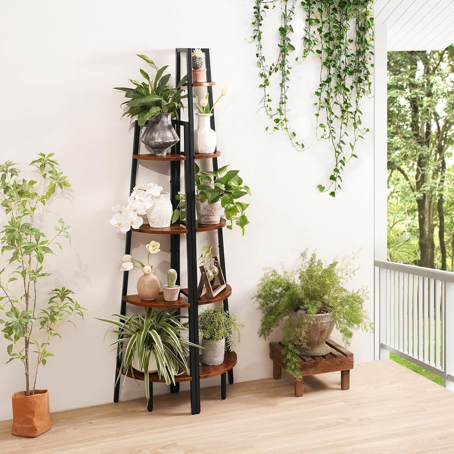 4 Tier Corner Bookshelf With Metal Frame Ladder Display