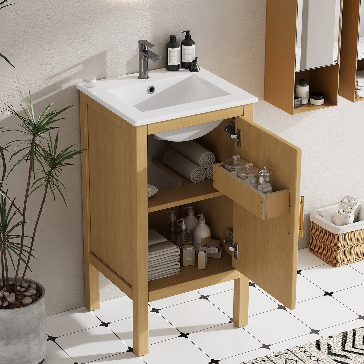 18" Bathroom Cabinet with Storage and Ceramic Sink