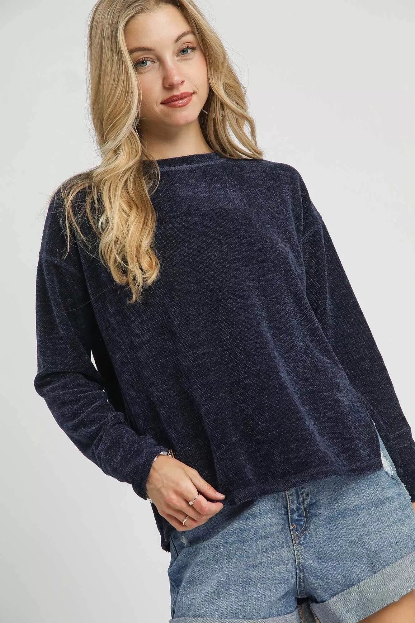 Umgee Round Neck Long Sleeve Side Slit Top