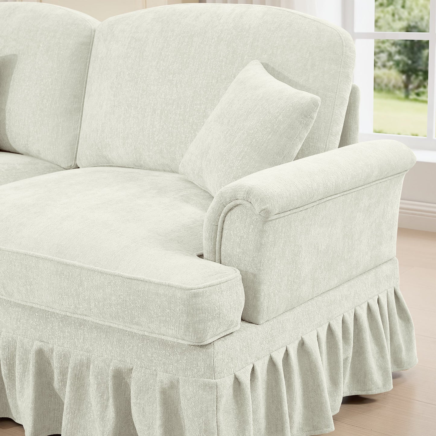 Classic Three Seater Modular L Shaped Sectional Couch with Flared Arms and Removable Ruffles Pleats Skirts and Spindle Legs, Comfy Chenille Four-Seat Deep Seat Sofa with Movable Ottoman, Beige White