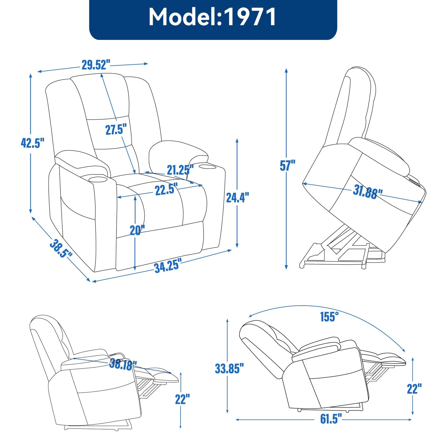Power Lift Recliner Chair with Massage and Heat for Elderly, Overstuffed Wide Recliners, Heavy Duty Motion Mechanism with USB and Type C Ports, 2 Steel Cup Holders, Khaki