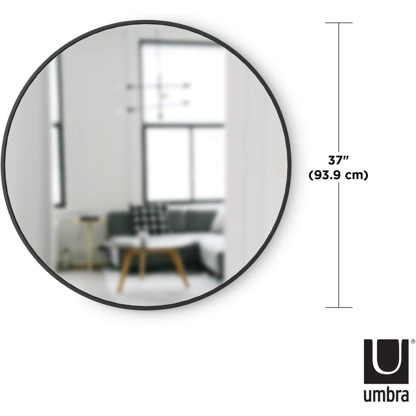 Round Rubber Wall Mirror 37 Inch diameter showcased in a modern living space, reflecting light and style.