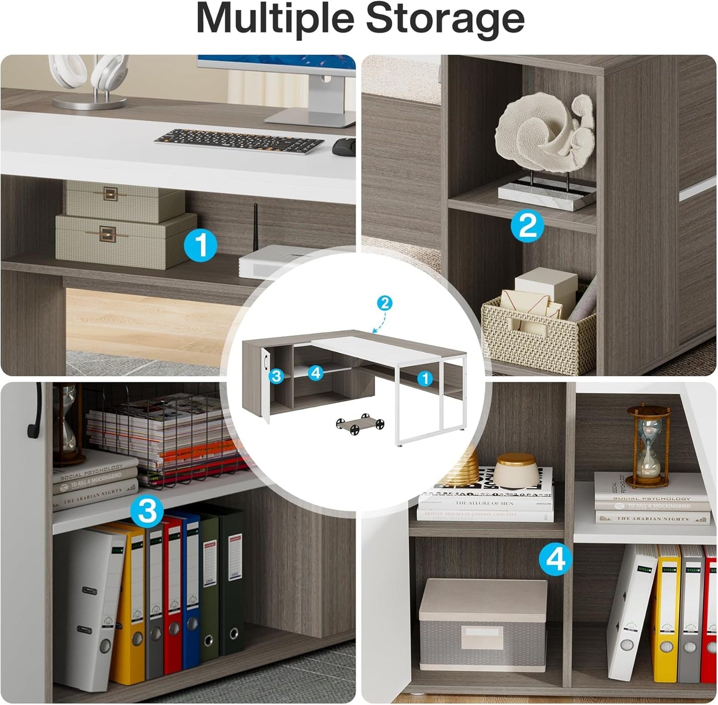 71 Inch Executive L Shaped Desk Cabinets Gray And White