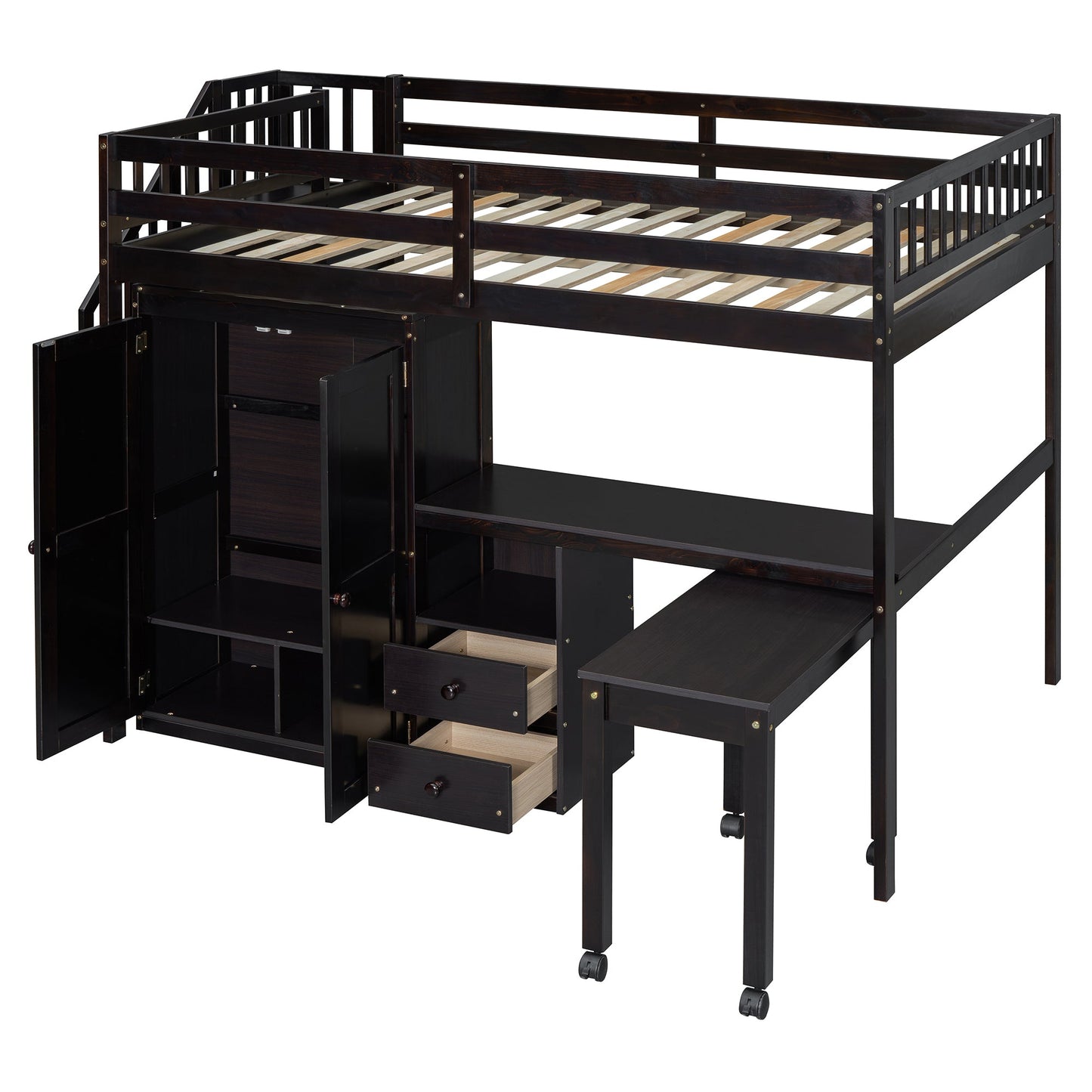 Full Size Loft Bed with Stairs, Bookshelf, Drawers, Desk & Wardrobe – Space-Saving Multifunctional Furniture for Kids & Teens-Espresso