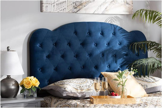 Navy Blue Velvet Upholstered Queen Size Headboard Modern Design